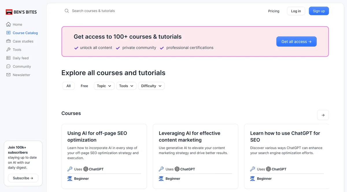 Ben's Bites course catalogue, with search and filters by topic, tool and difficulty