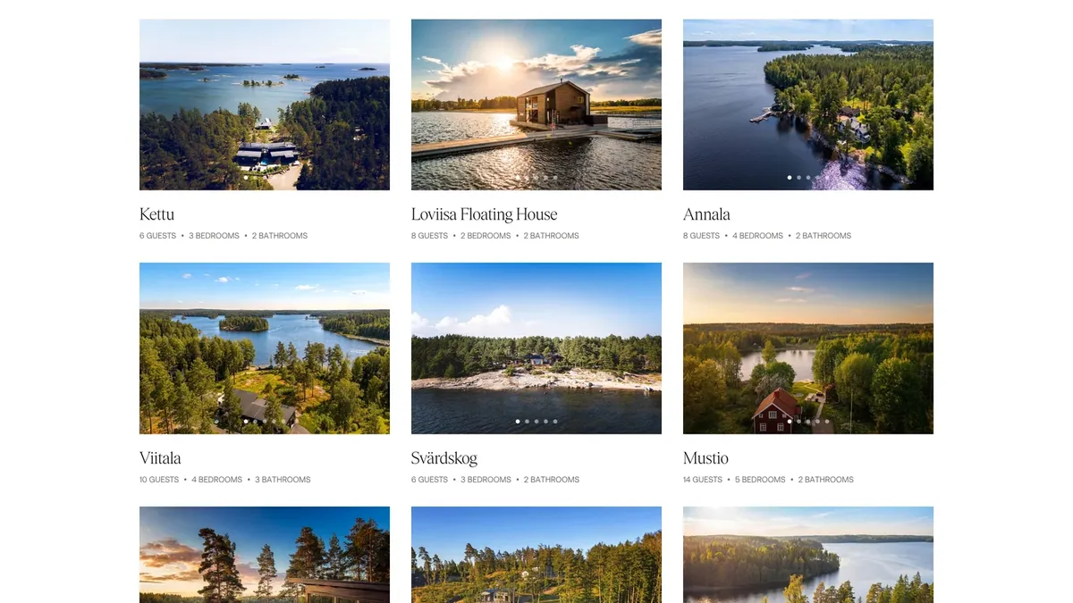 StayNorth listings: a grid of lakeside cabins and floating houses