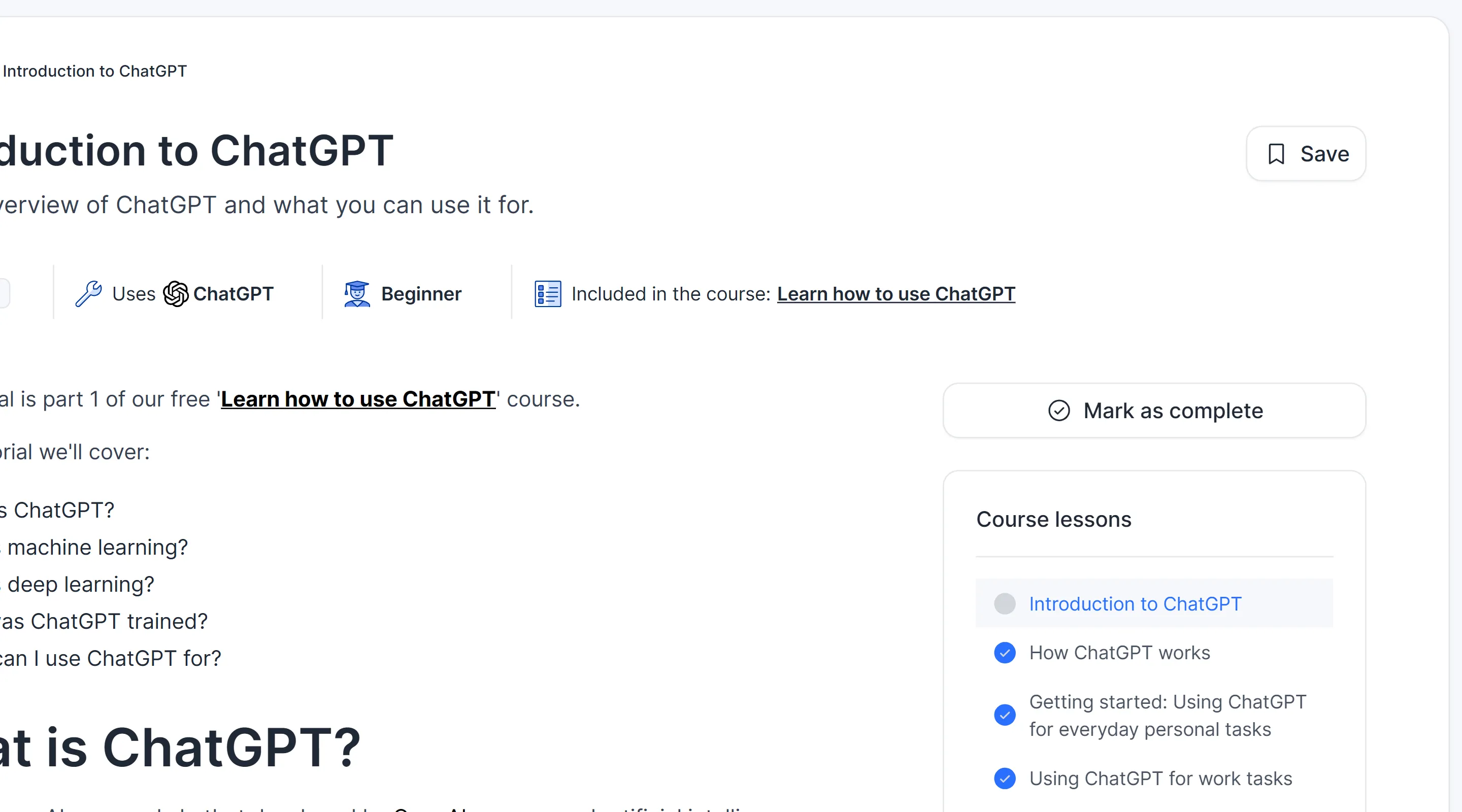 Tutorial page with the save-for-later control, mark-as-complete action and course lesson checklist