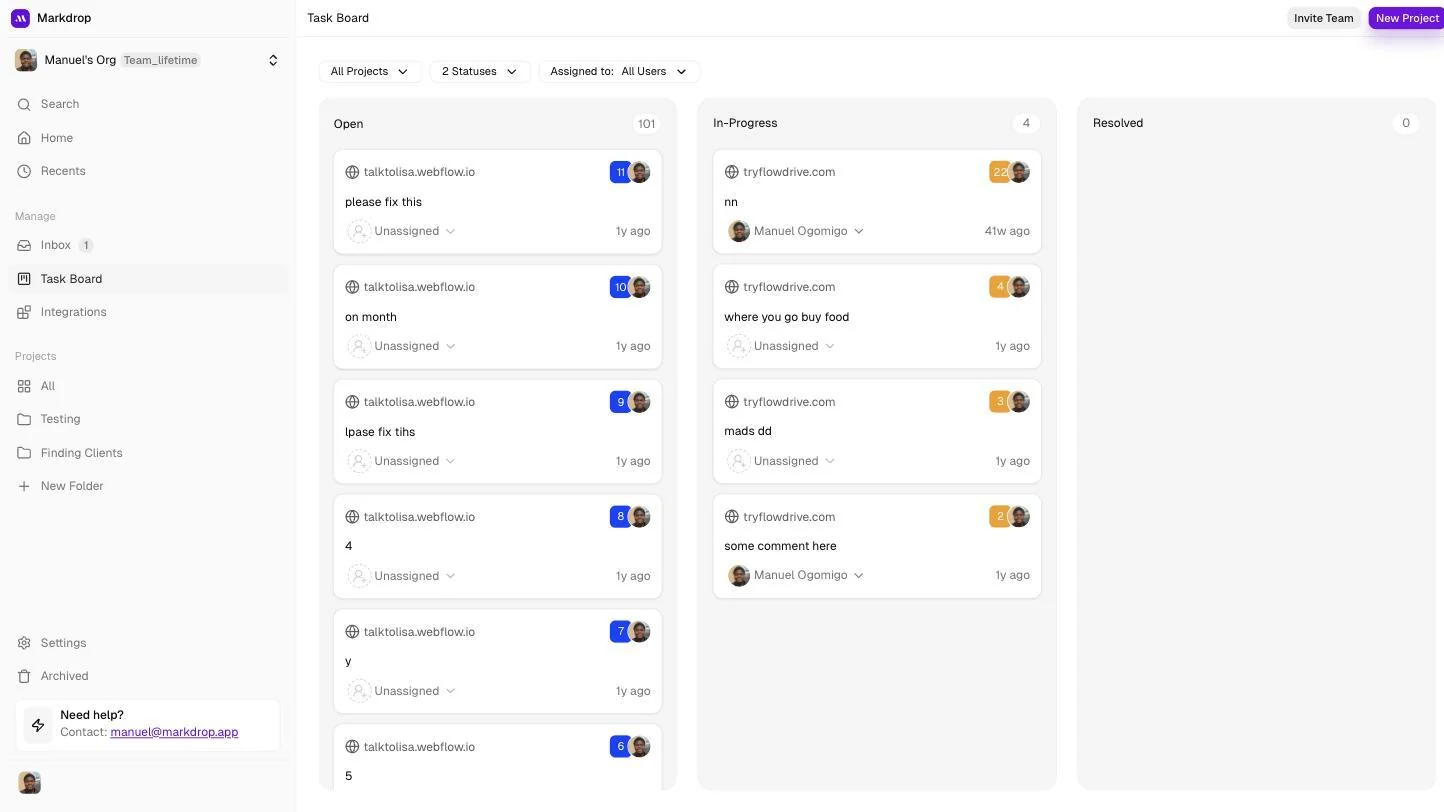 Task board grouping every piece of feedback into open, in-progress and resolved
